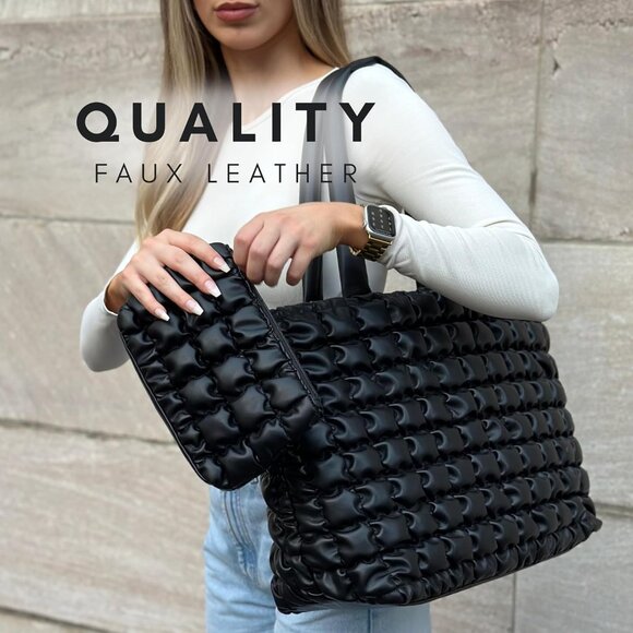 Stylish Quilted Puffer Tote Bag with Insert Pouch - Versatile Women's Accessory - Picture 4 of 7